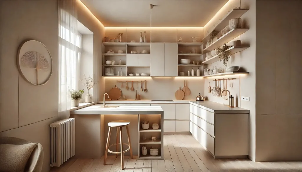 Cocina moderna de estilo minimalista con iluminación cálida y estanterías abiertas.