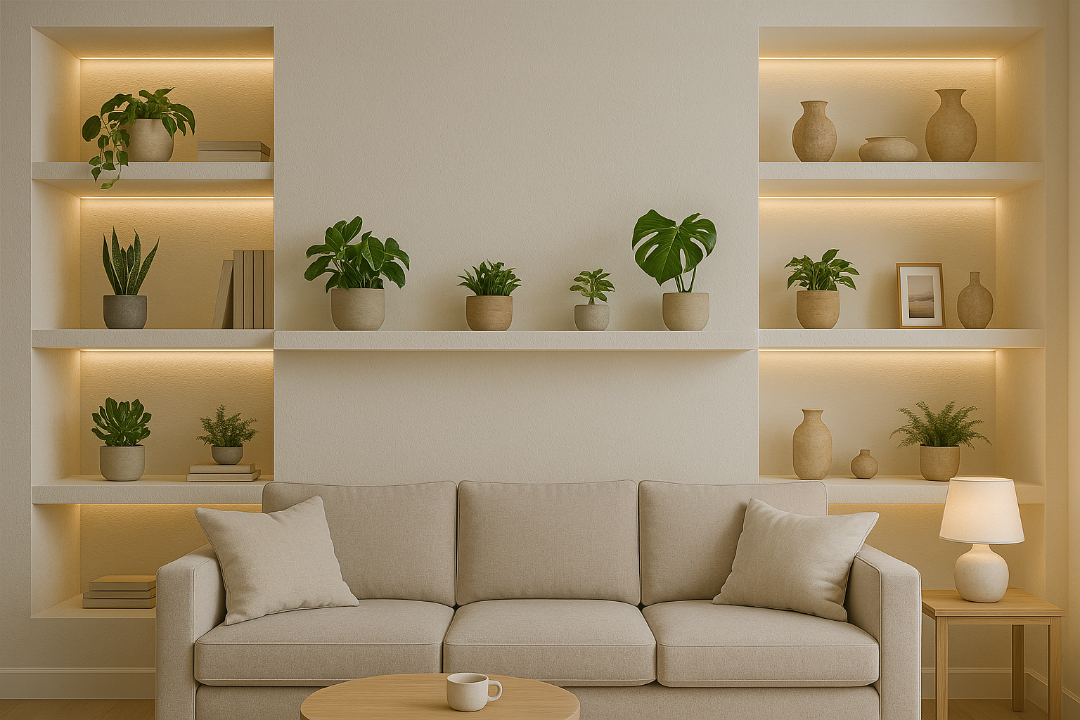 Salón minimalista con sofá beige, estanterías empotradas y plantas decorativas.